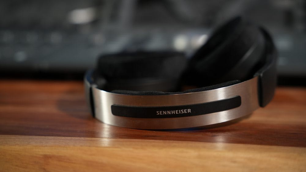 Sennheiser HD 490 Pro headband close-up showing silver finish and branding detail